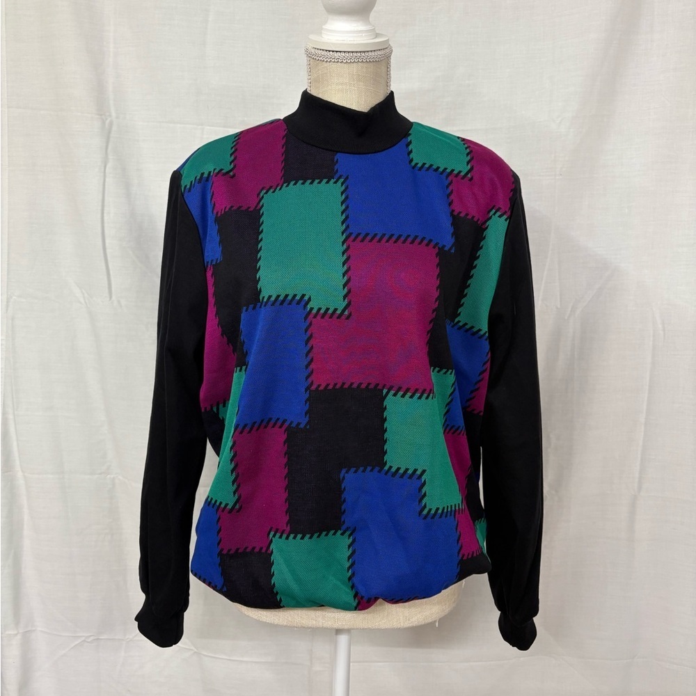 Vintage-Inspired Colorblock Patch Sweater - Black, Blue, Green, Purple